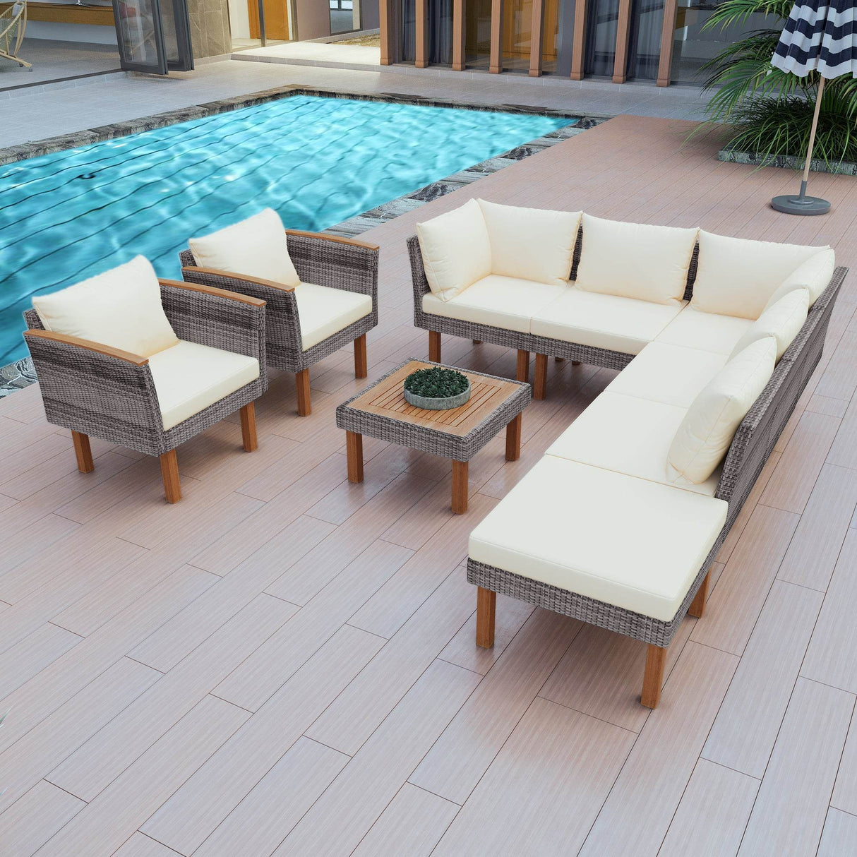 9-Piece Outdoor Patio Rattan Furniture Set With Cushions