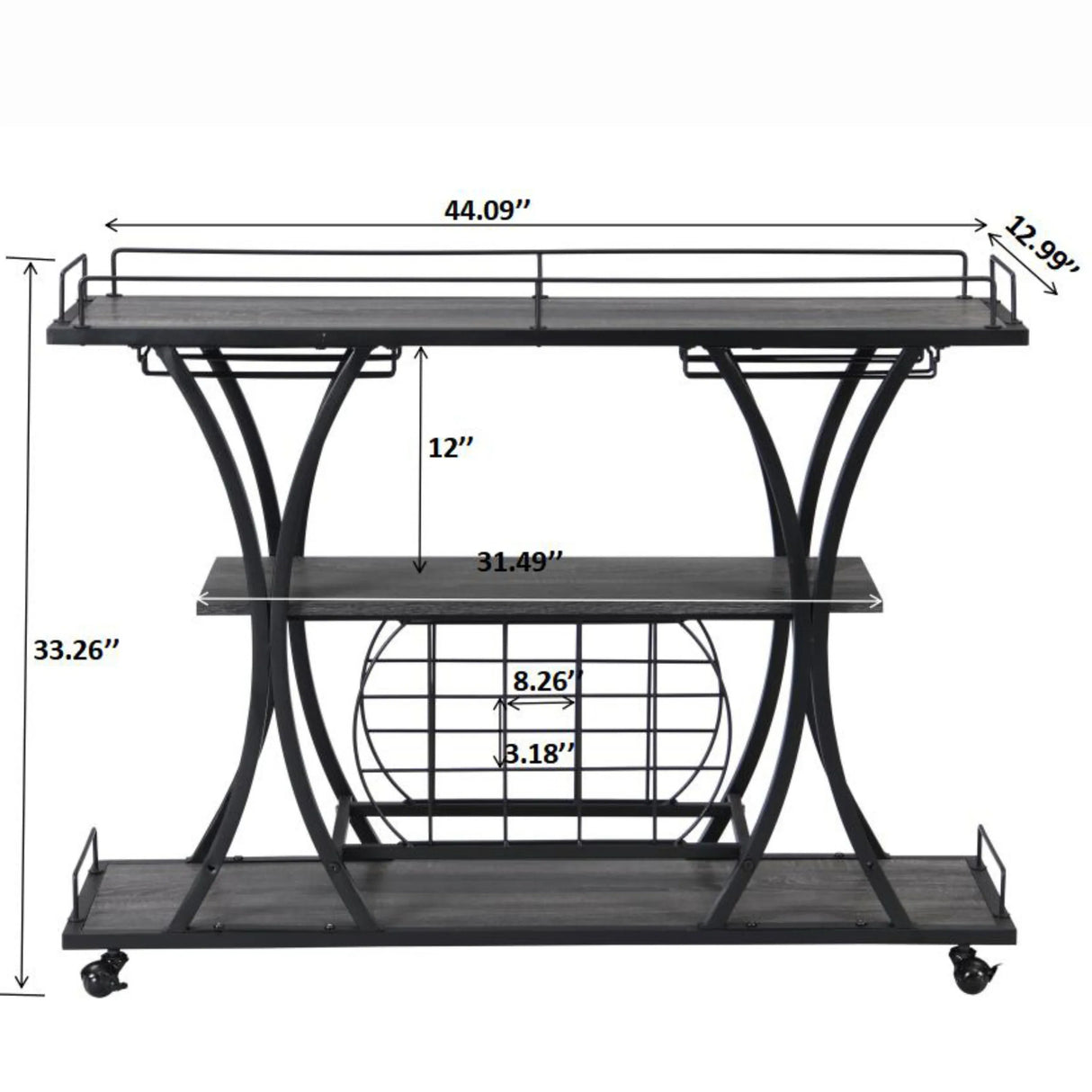 Industrial Style Mobile Iron 3-Tier Bar Cart With Casters - Omega Lifestyles