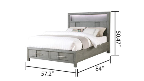 Full Gray Wood Bed Frame With LED Headboard Bookshelf USB - Omega Lifestyles