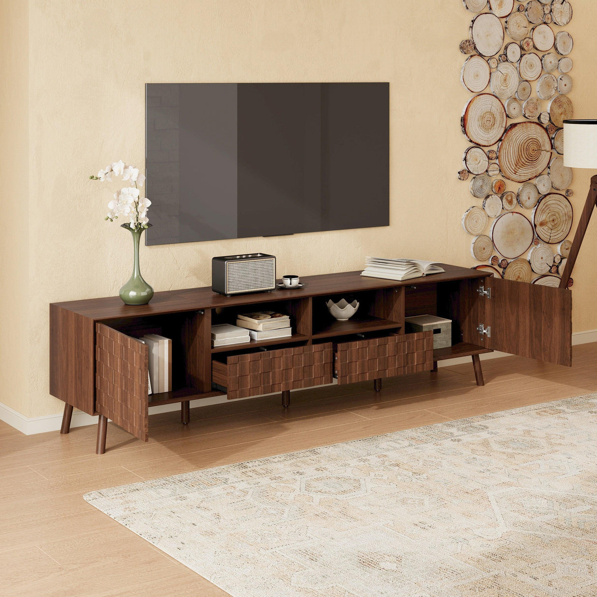 Modern Walnut 78-Inch TV Stand With Cable Management - Omega Lifestyles
