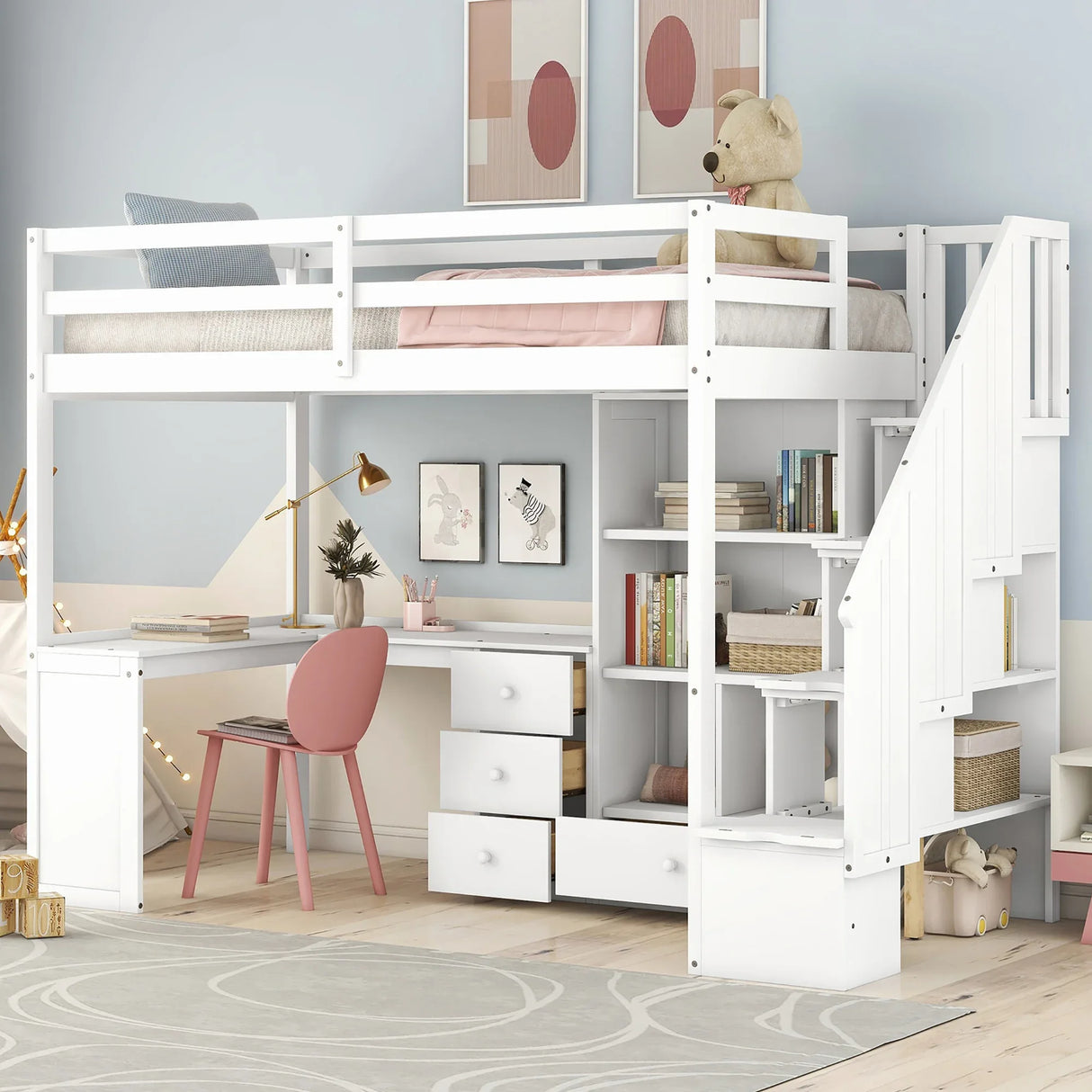 Twin Loft Bed With L-Shaped Desk Drawers Cabinet Staircase - Omega Lifestyles