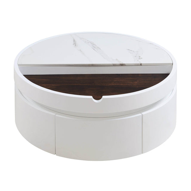 Modern White Walnut Round Lift-Top Coffee Table With Drawer - Omega Lifestyles