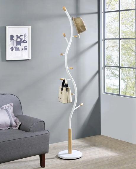 Metal White And Oak Standing Coat Rack With 9 Hooks - Omega Lifestyles