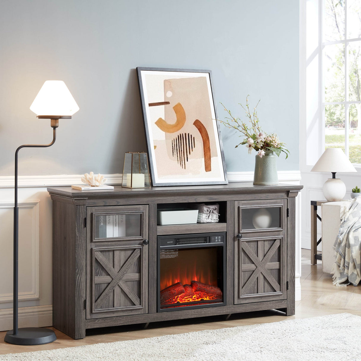 Farmhouse Fireplace TV Stand Console Cabinet Gray - Sleep Galleria