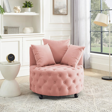 Pink Velvet Upholstered Swivel Chair With Movable Wheels - Omega Lifestyles