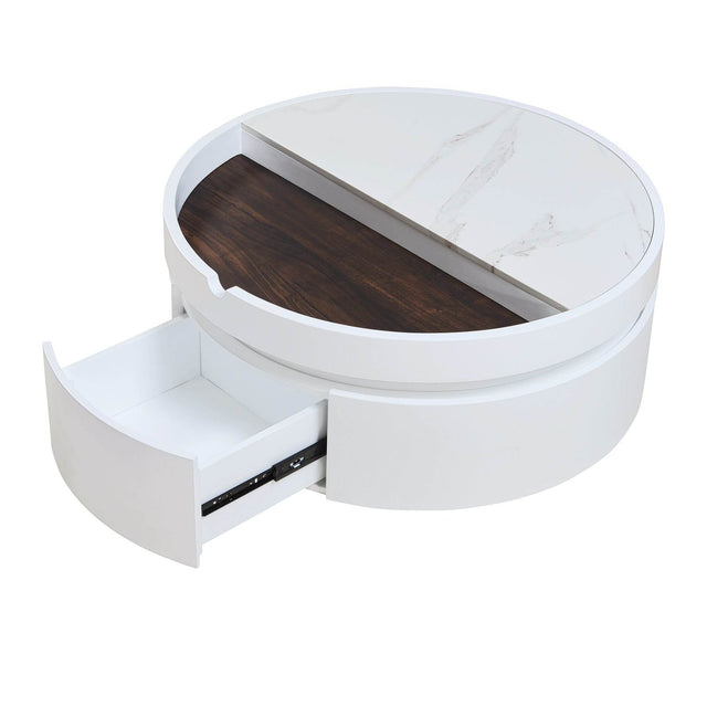 Modern White Walnut Round Lift-Top Coffee Table With Drawer - Omega Lifestyles