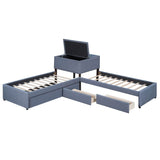L-Shaped Upholstered Twin Platform Bed With Trundle Desk - Omega Lifestyles