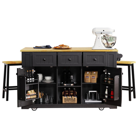 Large Kitchen Island Storage Cart With Bar Stools and Power Outlet - Omega Lifestyles