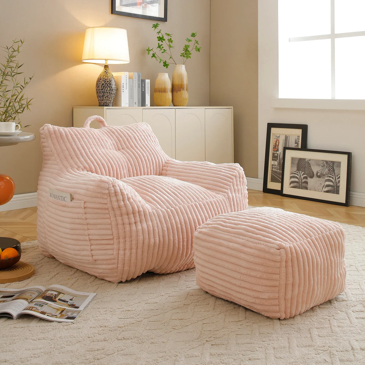 Giant Pink Corduroy Shredded Foam Bean Bag Chair - Omega Lifestyles
