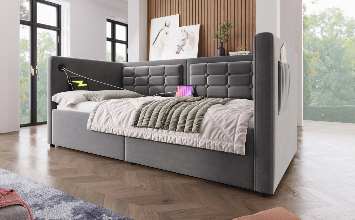 Twin Gray Velvet Upholstered Hydraulic Storage Daybed With USB Charging - Omega Lifestyles