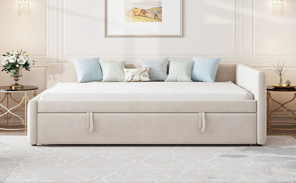 Full Upholstered L-Shaped Daybed With Twin Trundle - Omega Lifestyles