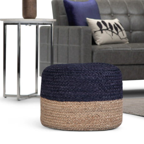 Handcrafted Braided Jute Round Fabric Pouf Navy Natural - Omega Lifestyles