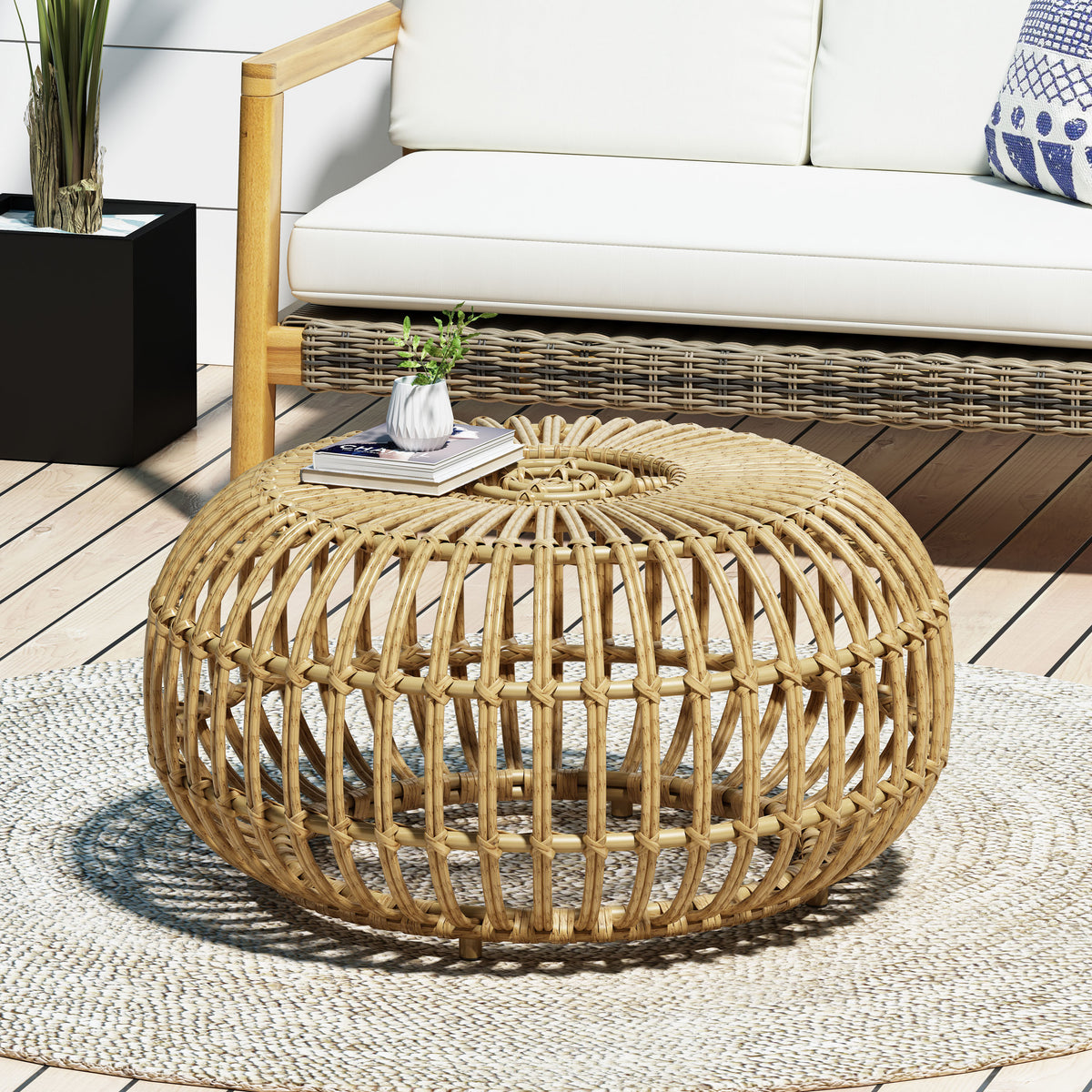 Boho Handcrafted Light Brown Wicker Coffee Table