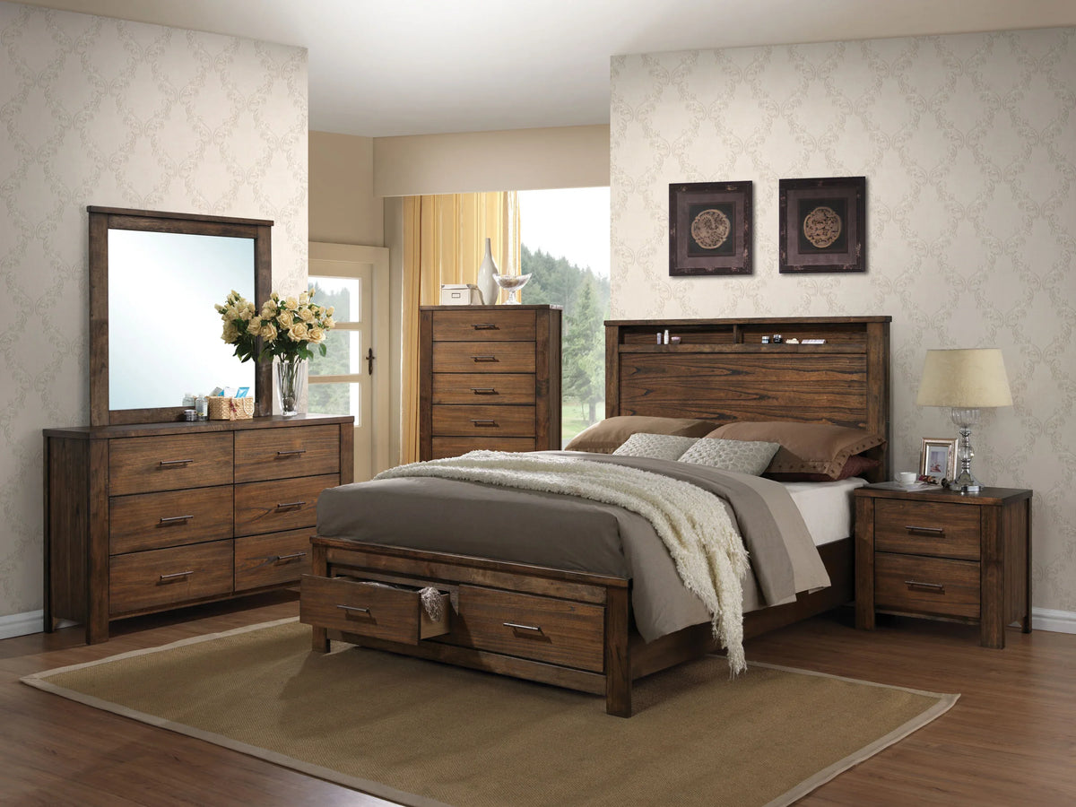 Oak Finish Panel Storage Bed Frame Queen - Omega Lifestyles
