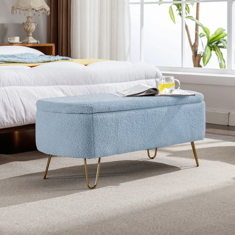 Blue Faux Fur Upholstered Storage Bench With Gold Legs - Omega Lifestyles