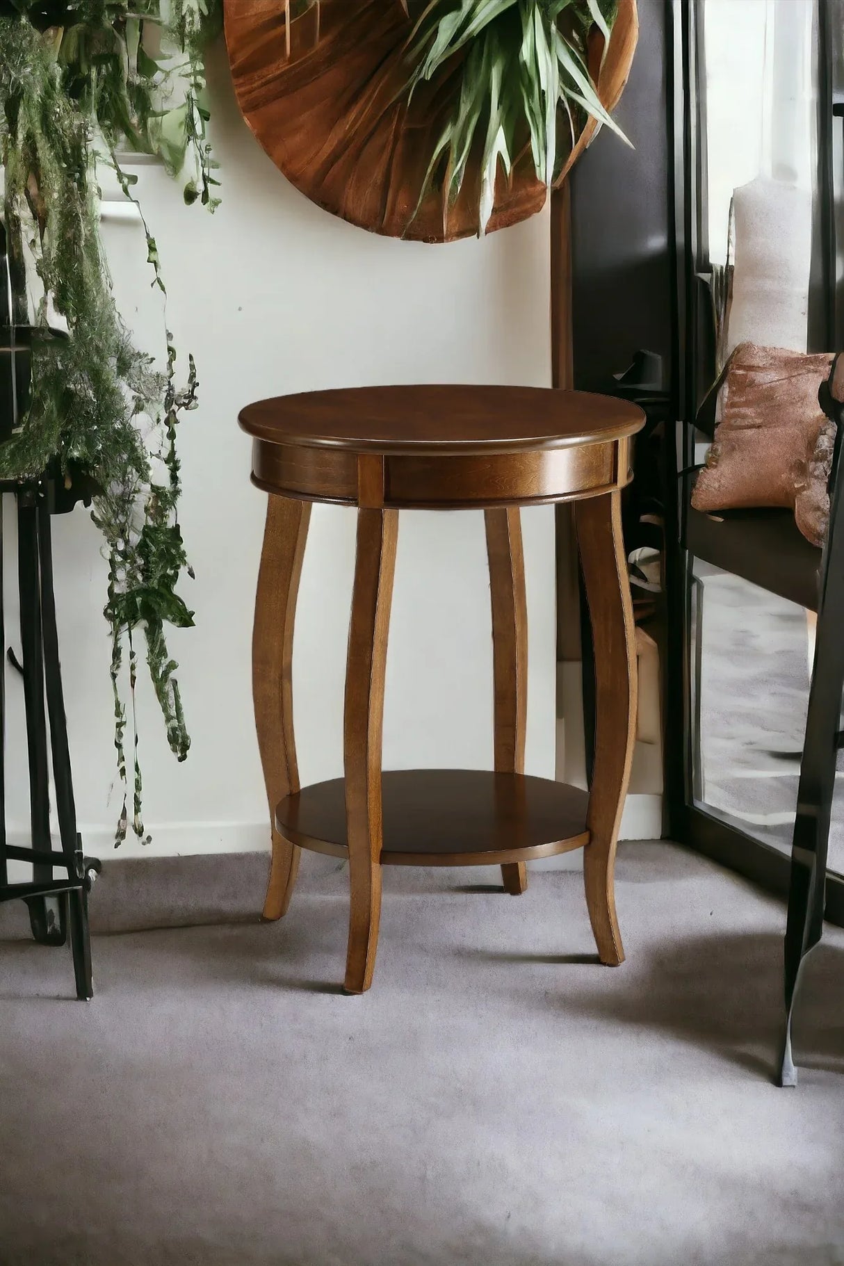 Walnut Finish Round Leg Accent Table With Shelf - Omega Lifestyles