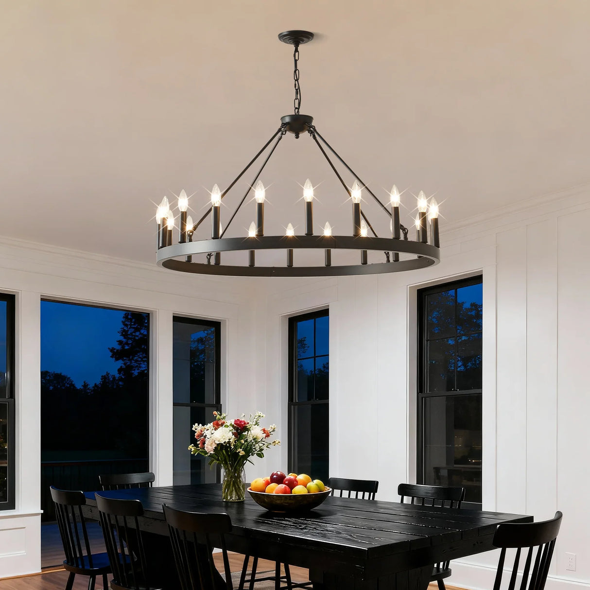 Matte Black 20-Light Farmhouse Wagon Wheel Chandelier - Omega Lifestyles