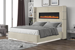 Queen Velvet Upholstered Wood Bed Frame With Fireplace - Omega Lifestyles