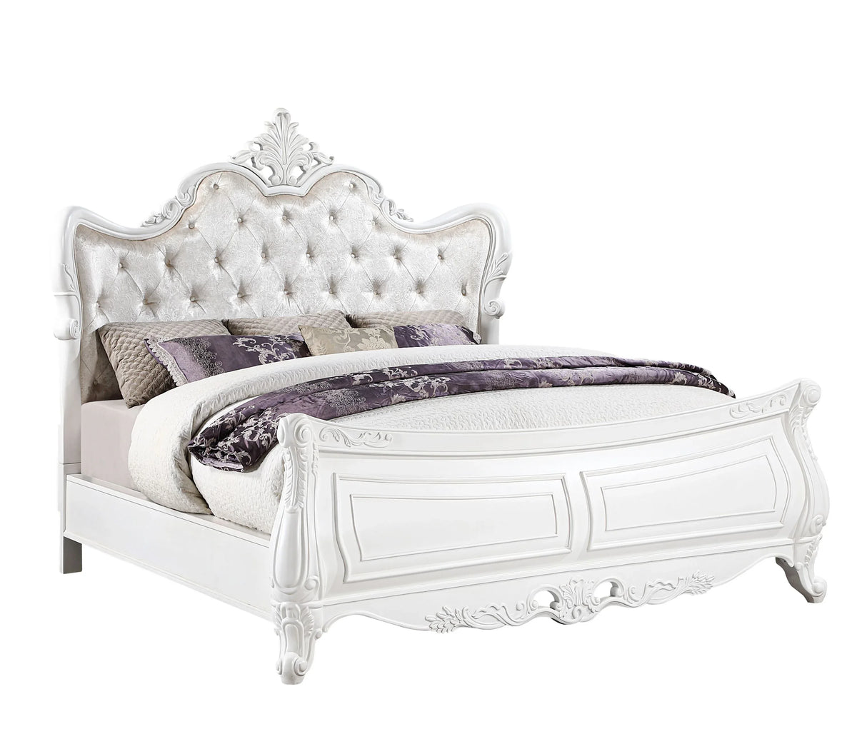 Traditional Velvet Upholstered White Wood King Bed Frame - Omega Lifestyles