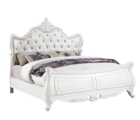 Traditional Velvet Upholstered White Wood King Bed Frame - Omega Lifestyles