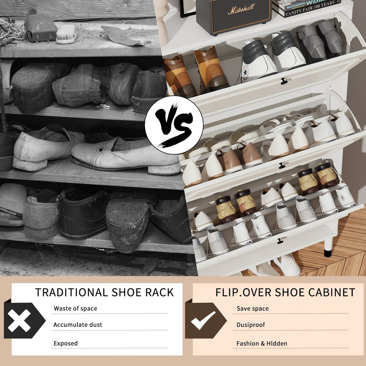 Ancient White MDF Narrow Entryway Shoe Storage Cabinet - Omega Lifestyles