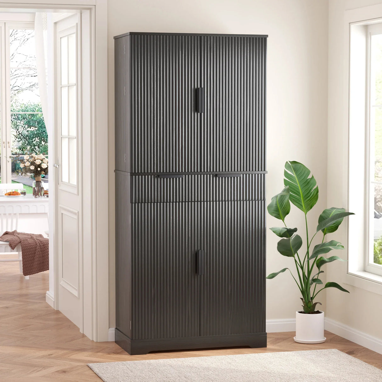 Fluted Freestanding Kitchen Pantry Cabinet With Drawers - Omega Lifestyles