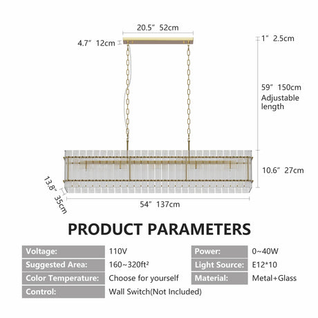 Modern Rectangular Crystal Glass 10-Light Gold Chandelier - Omega Lifestyles