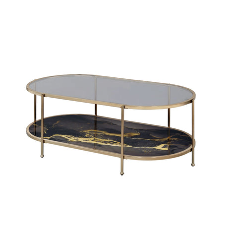 Black Marble Glass Top Metal Coffee Table With Shelf - Omega Lifestyles