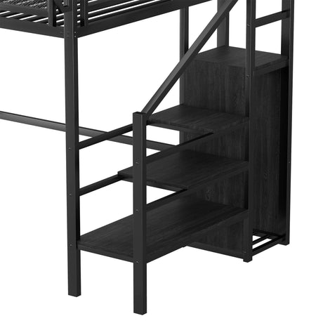 Twin Metal Loft Bed With Stairs Storage Shelves - Omega Lifestyles