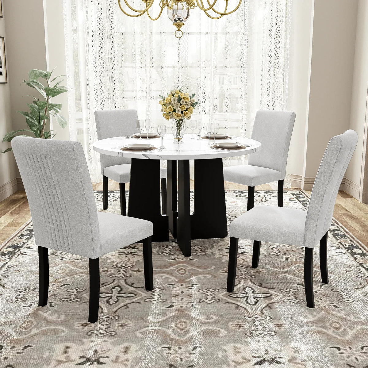 5-Piece Round Solid Wood Dining Table Set With Upholstered Chairs - Omega Lifestyles