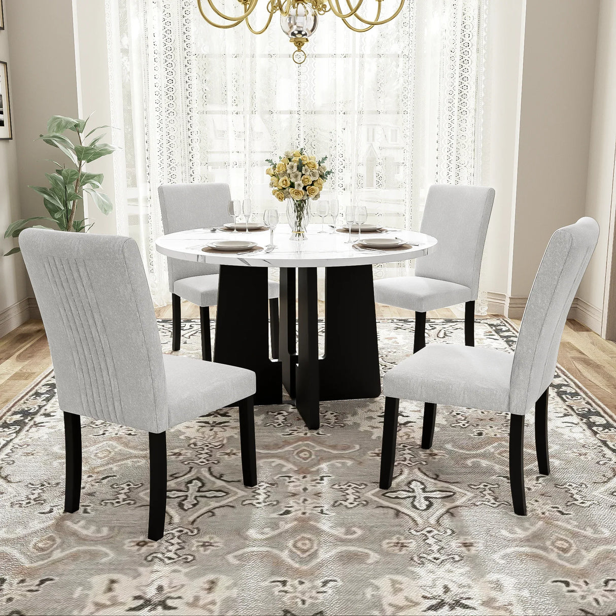 5-Piece Round Solid Wood Dining Table Set With Upholstered Chairs - Omega Lifestyles