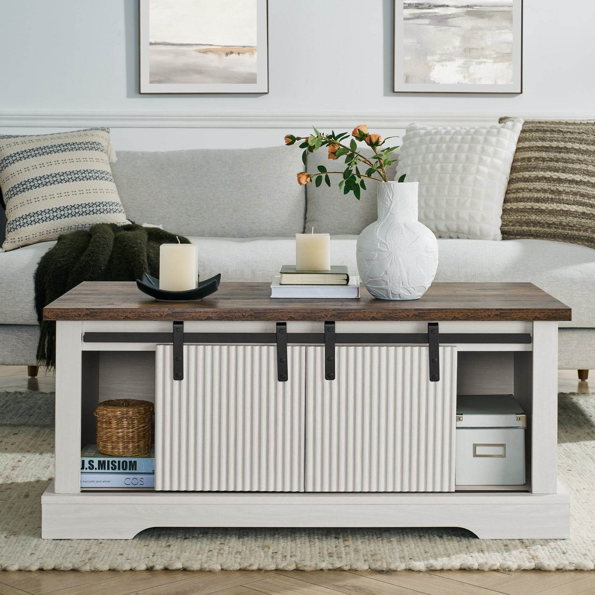 Rustic Sliding Barn Door Coffee Table With Storage - Omega Lifestyles