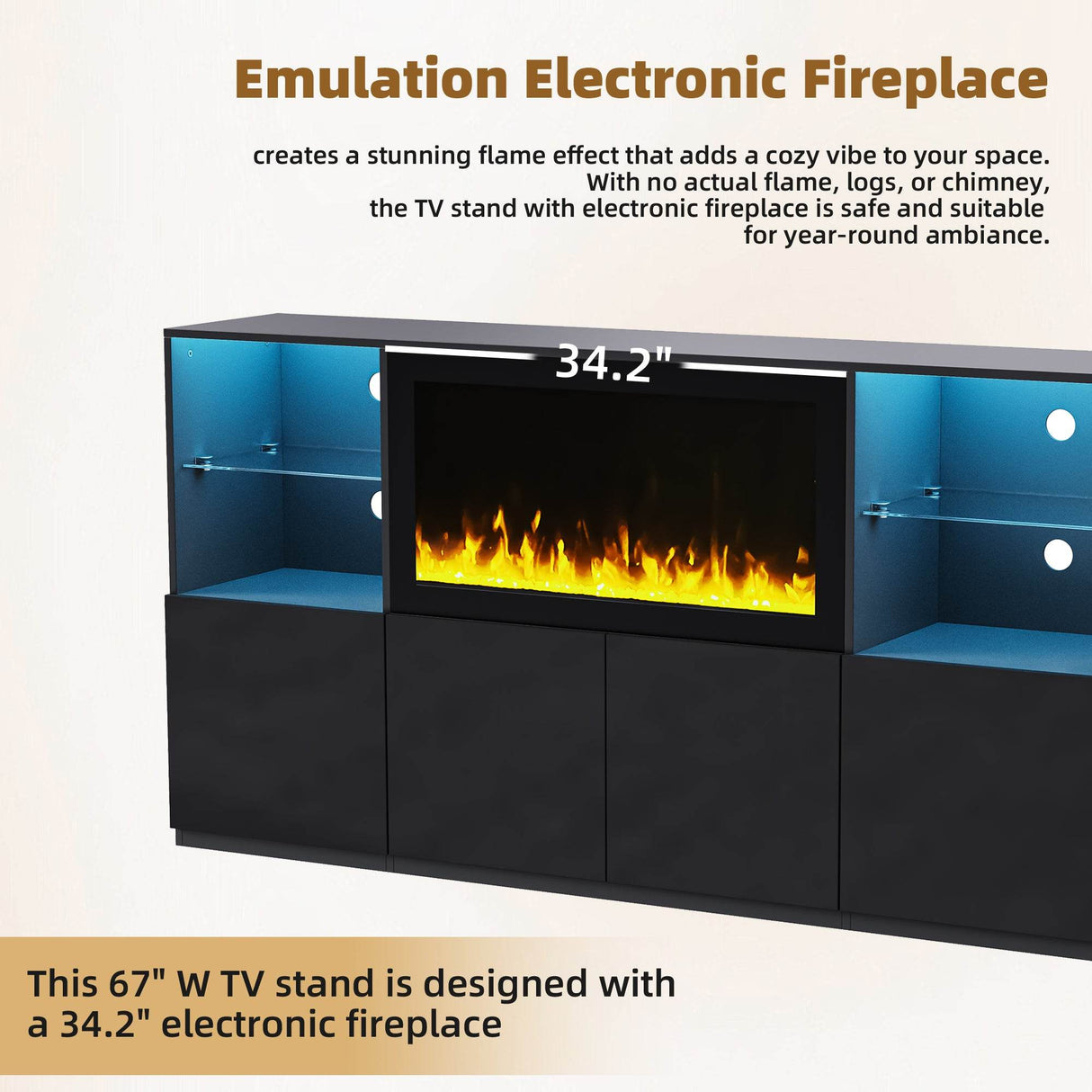 Modern Black LED Fireplace TV Stand with Shelves - Omega Lifestyles