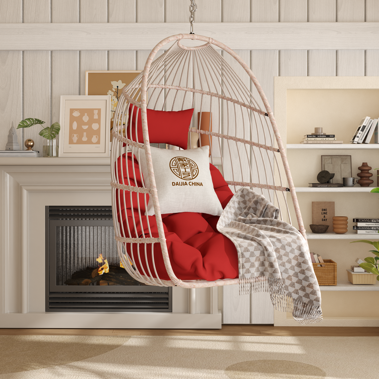 Red Foldable HDPE Rattan Outdoor Hanging Egg Chair