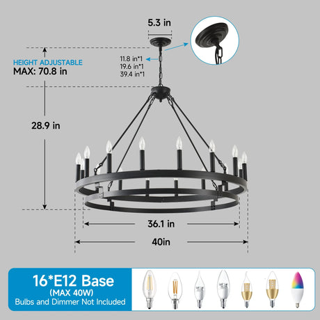 39-Inch 16-Light Matte Black Wagon Wheel Chandelier - Omega Lifestyles