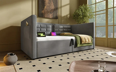 Twin Gray Velvet Upholstered Hydraulic Storage Daybed With USB Charging - Omega Lifestyles