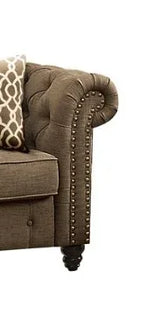 Brown Linen Tufted Loveseat With 2 Pillows - Omega Lifestyles