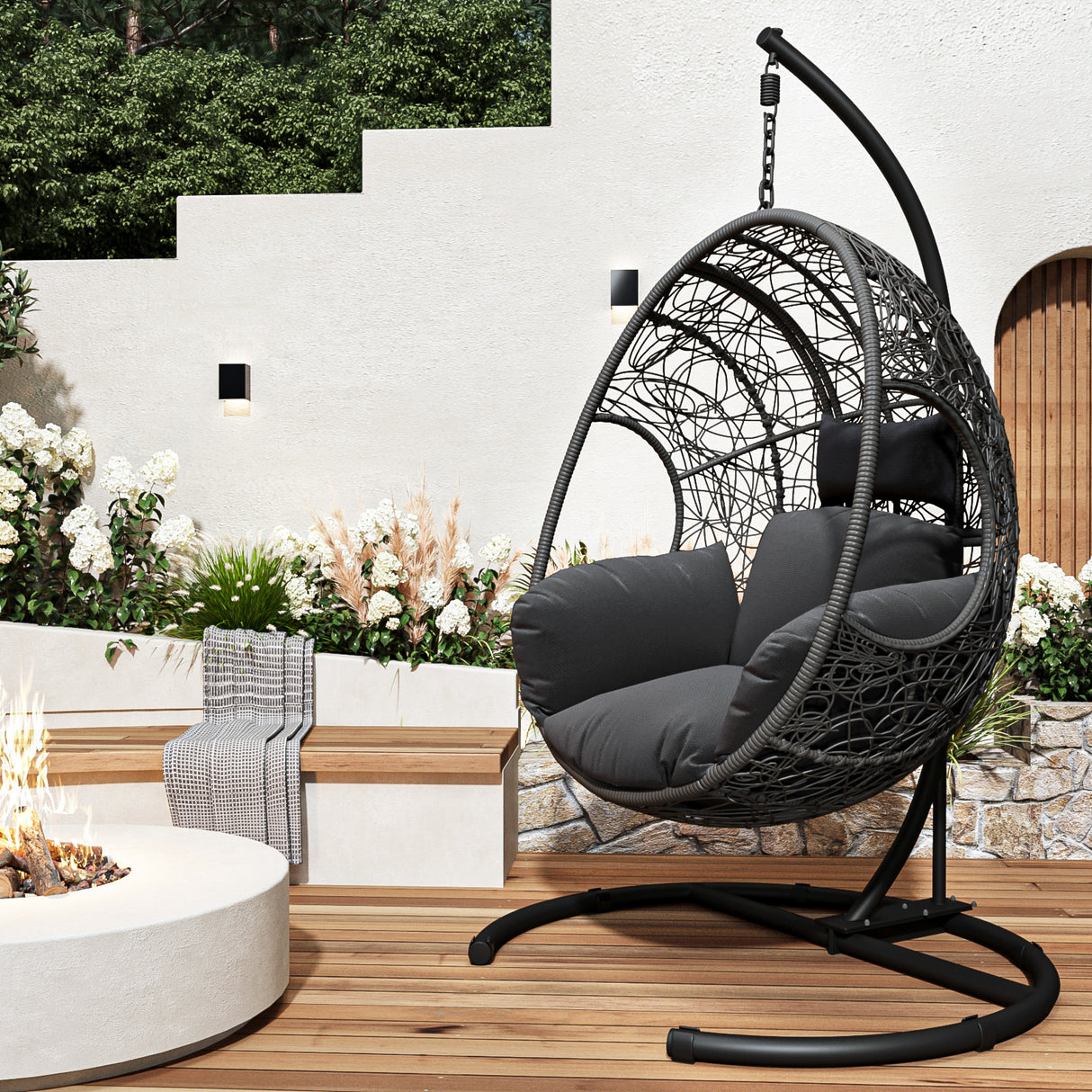 Gray Wicker Outdoor Indoor Hanging Egg Chair With Cushion