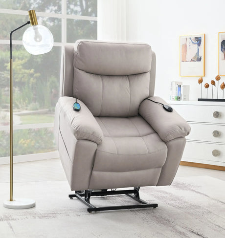 Light Gray Polished Microfiber Power Lift Heating Massage Chair - Omega Lifestyles