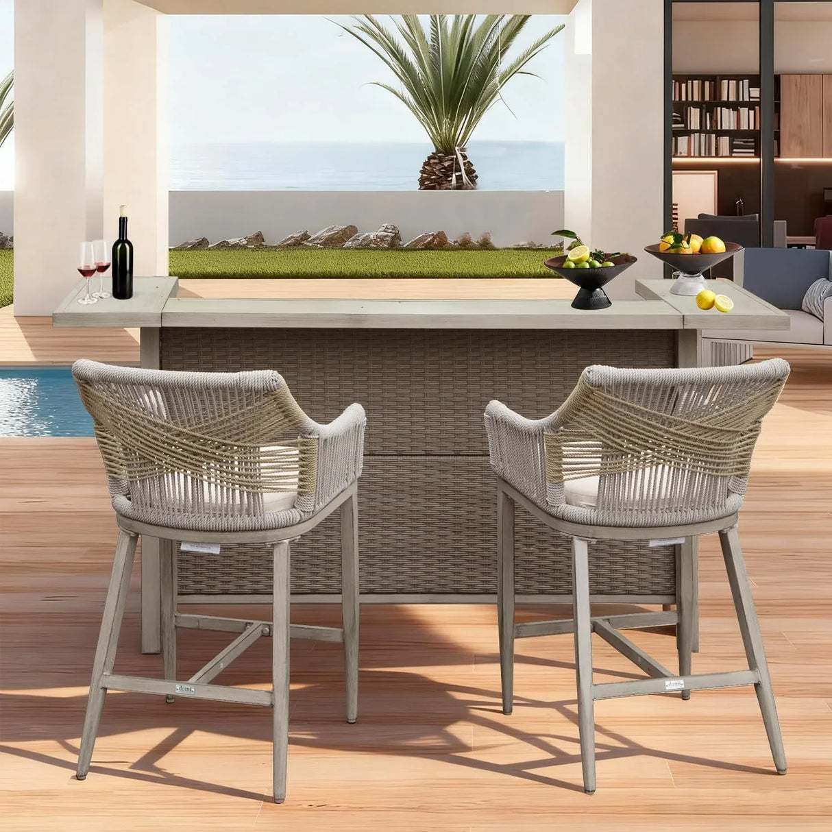 Outdoor Patio Aluminum Wicker Bar Table With Stools Set Of 3 - Omega Lifestyles