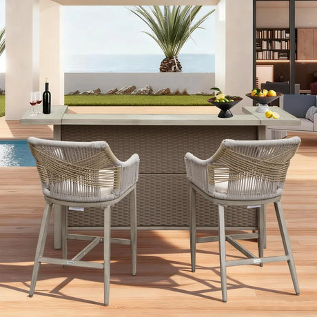 Outdoor Patio Aluminum Wicker Bar Table With Stools Set Of 3 - Omega Lifestyles