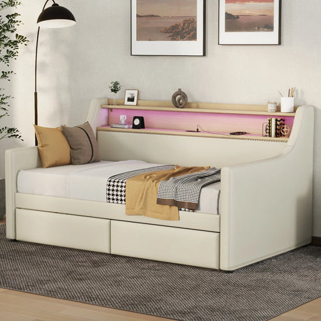 Twin PU Leather Daybed With Storage Drawers Charging Station - Omega Lifestyles