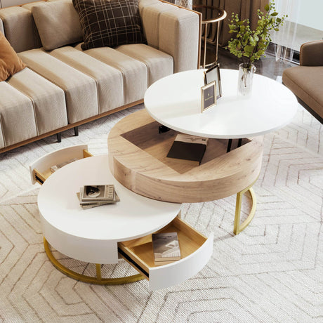 Modern Round Lift-Top Nesting Coffee Tables With Drawers - Sleep Galleria