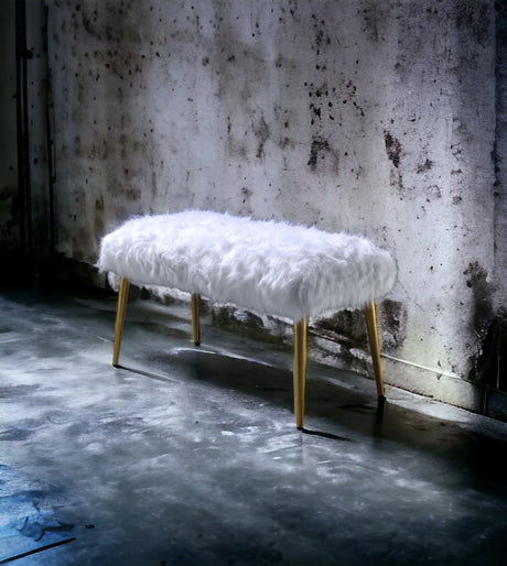 White Faux Fur Armless Backless Gold Finish Bench - Omega Lifestyles