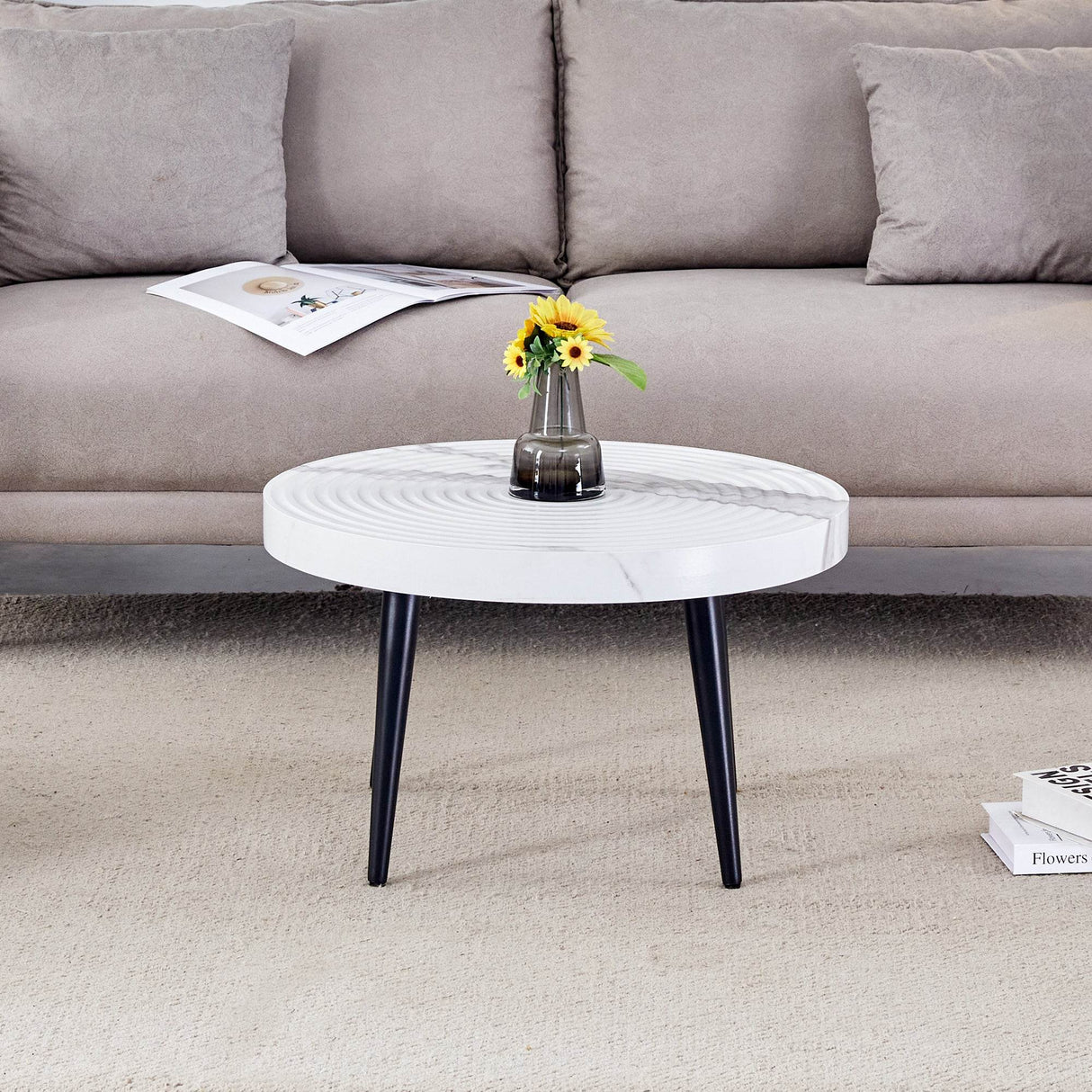 White Marble Pattern Round MDF Metal Coffee Table - Sleep Galleria