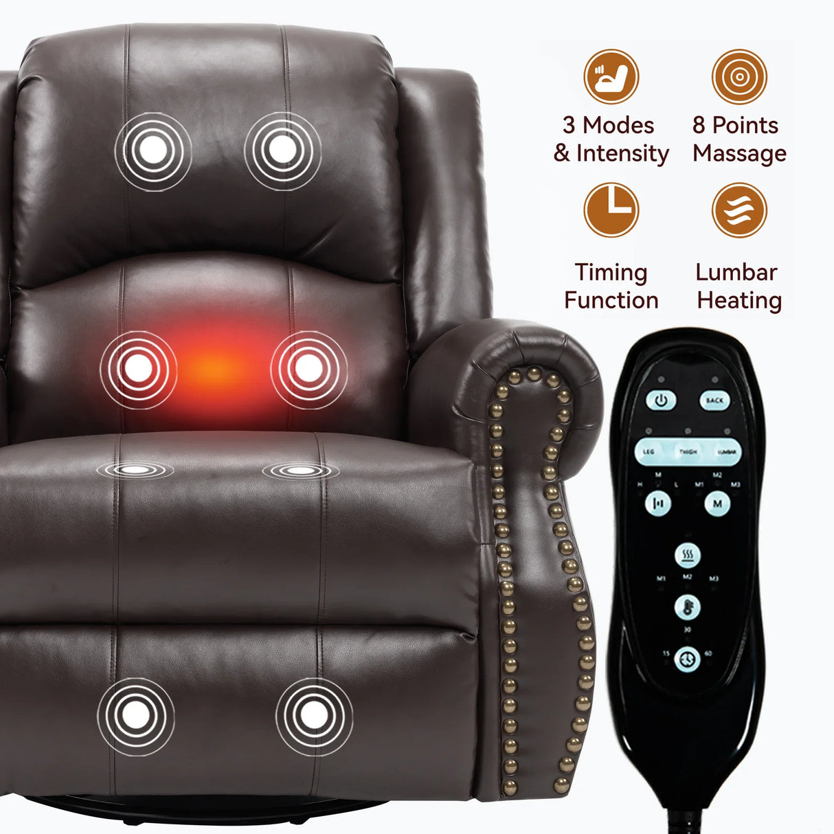 Heat Massage Medium-Firm Swivel Rocker Recliner Chair - Omega Lifestyles
