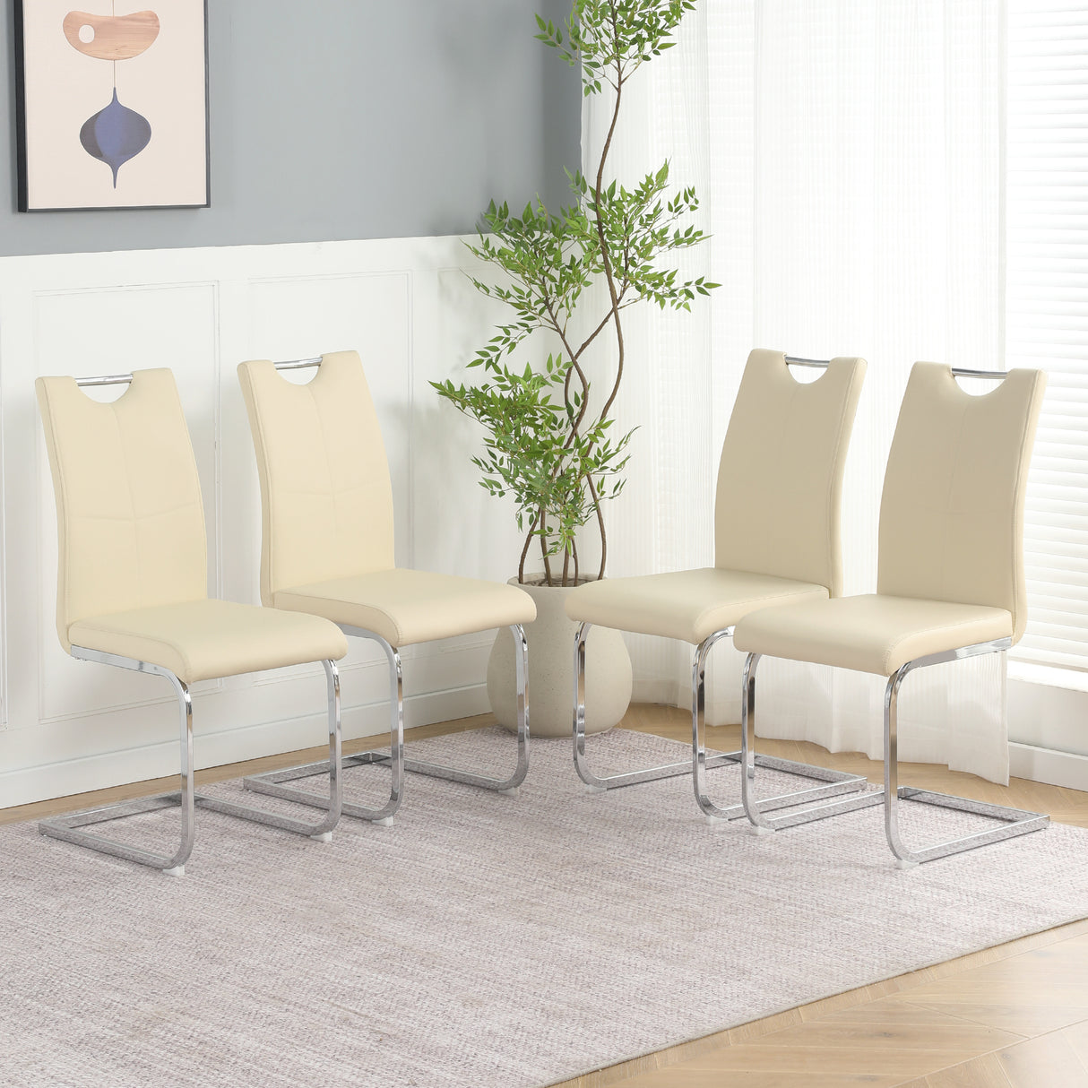 Set of 4 Light Yellow PU Upholstered Metal Dining Chairs