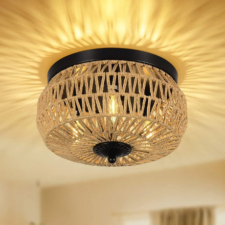 Hand-Woven Rattan Flush Mount 3-Light Ceiling Fixture - Omega Lifestyles
