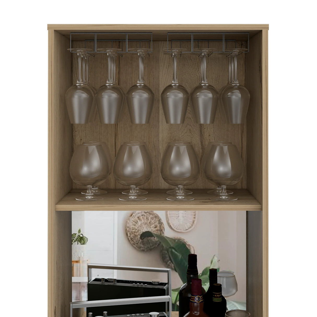 Light Oak 71-Inch Bar Cabinet With Wine Glass Rack - Omega Lifestyles