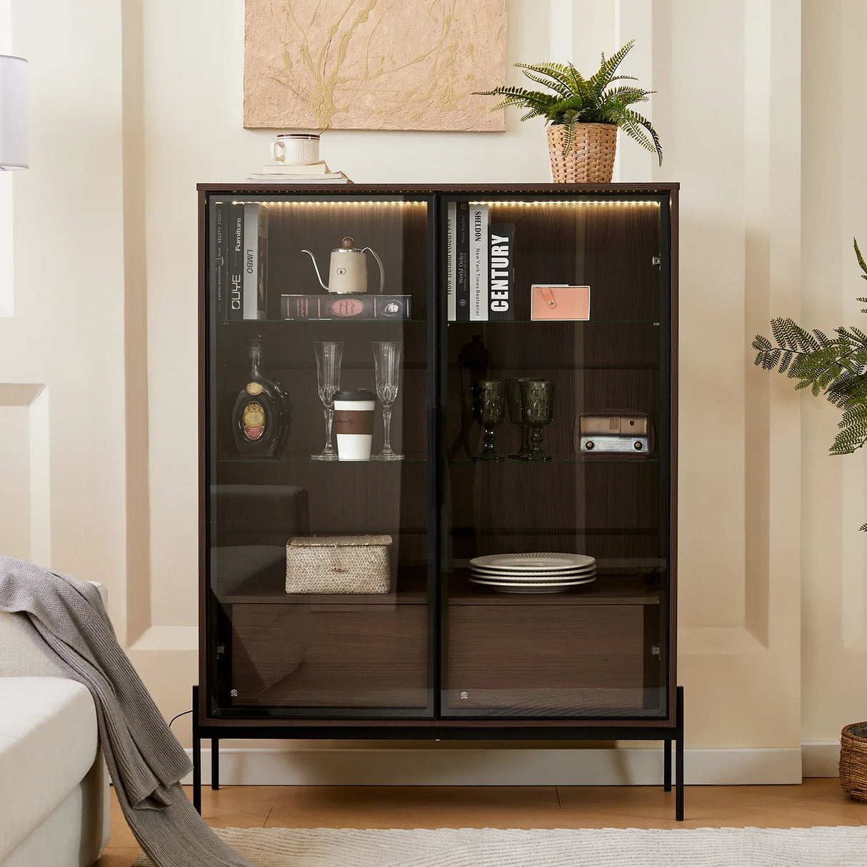Modern Minimalist LED Curio Cabinet With Tempered Glass Doors - Omega Lifestyles